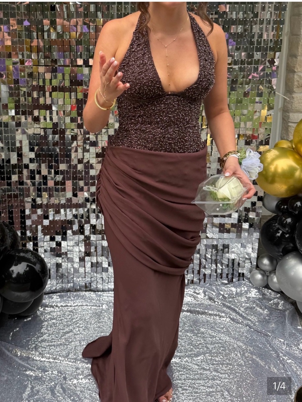Elegant Brown Halter Sequin Evening Dress for Weddings